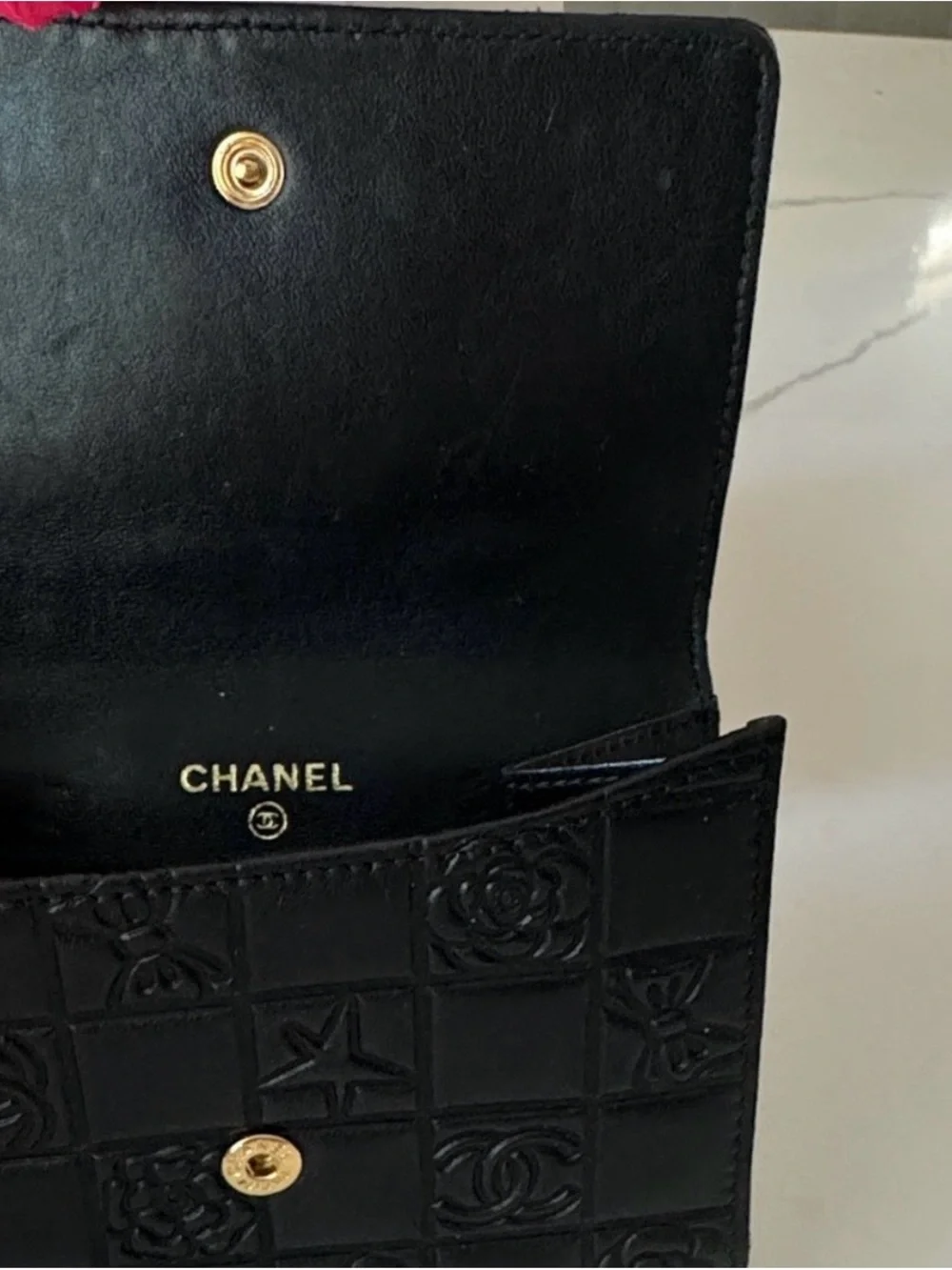 CHANEL Black Quilted Embossed Leather Small Wallet with Gold CC Snap
